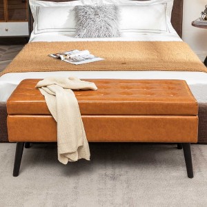 CAVINAS Storage Bench for Bedroom,Linen Fabric Storage Ottoman Bench with Tufted Top and Wood Legs for Living Room,Bedroom - 1 of 4