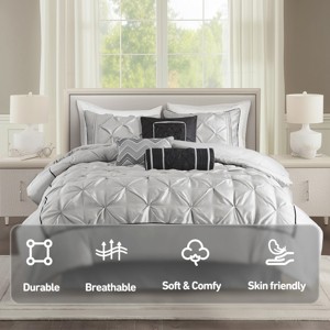 7 Pcs Faux Silk Bedding Set, Solid Color RIAB Royal Style Comforter Set, Tufted Dimensional Design Smooth Edge Comforter with Matching Pillow Cases - 1 of 4