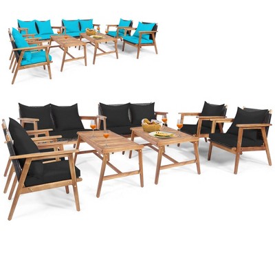 Tangkula 8PCS Patio Conversation Set Wood Frame Furniture Set w/ Turquoise & Black Cushions