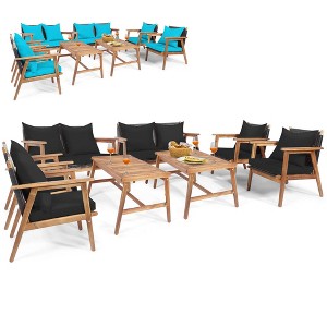Tangkula 8PCS Patio Conversation Set Wood Frame Furniture Set w/ Turquoise & Black Cushions - 1 of 4
