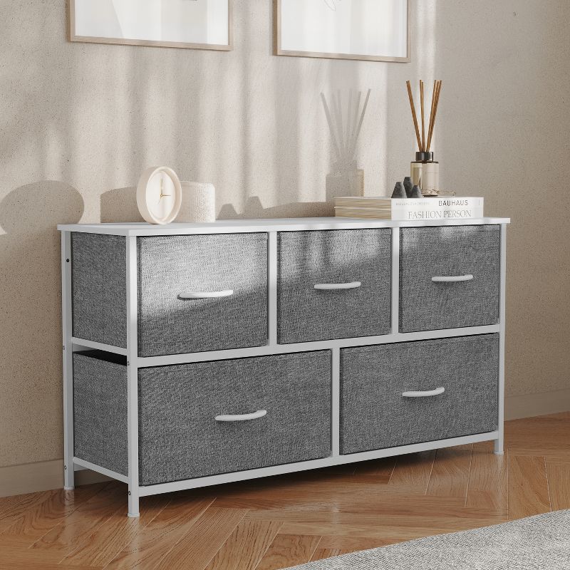 Flash Furniture Harris 5 Drawer Vertical Storage Dresser with Cast Iron Frame, Wood Top and Easy Pull Fabric Drawers with Wooden Handles, 4 of 12