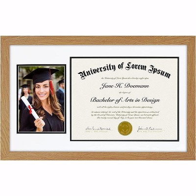 Americanflat 11x18 Oak Graduation Frame | 2 Opening Mat Displays 5"x7" Photo and 8.5"x11" Diploma. Tempered Shatter-Resistant Glass. 2X Sawtooth Hangers