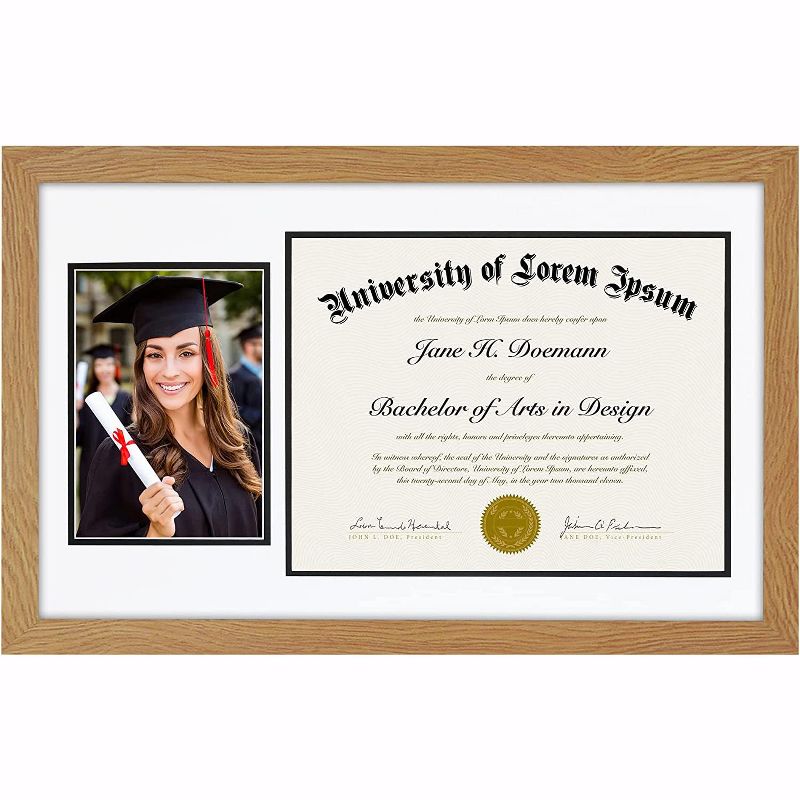 Americanflat 11x18 Oak Graduation Frame | 2 Opening Mat Displays 5"x7" Photo and 8.5"x11" Diploma. Tempered Shatter-Resistant Glass, 1 of 5