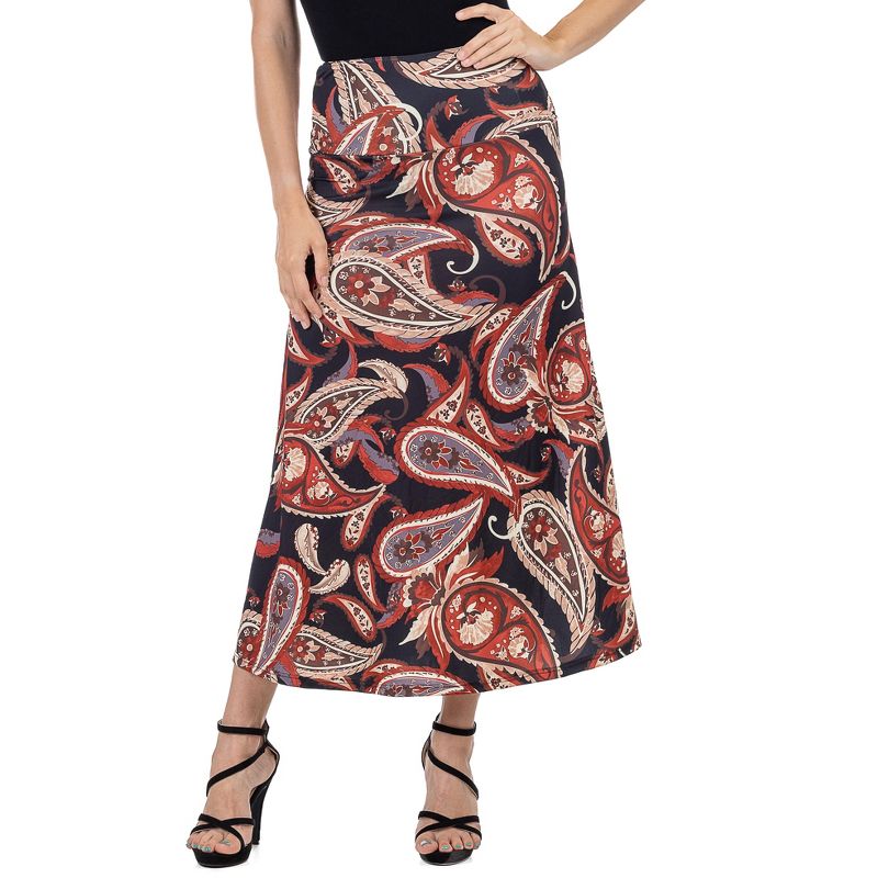 24seven Comfort Apparel Womens Black and Red Paisley Print Maxi Skirt, 1 of 5