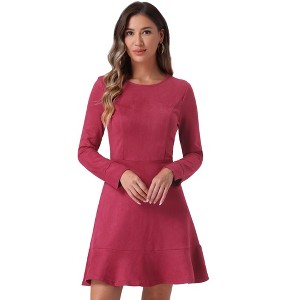 INSPIRE CHIC Women's Regular Fit Faux Suede Crew Neck Long Sleeve Ruffled Hem Mini Dress - 1 of 4