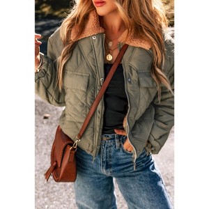 Teddy Collar Flap Pockets Quilted Puffer Jacket - 1 of 4