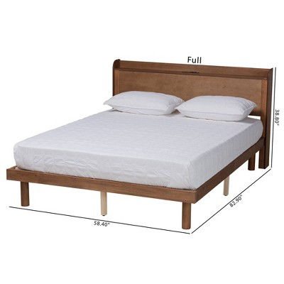 Mid-Century Modern Walnut Brown Full Platform Bed with Charging Station
