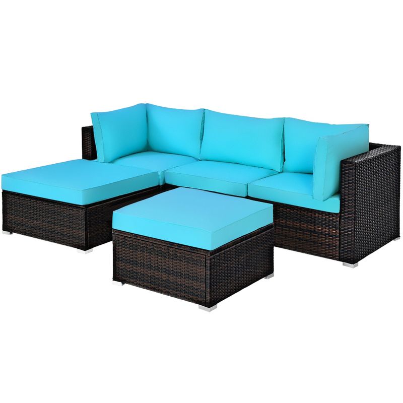 Tangkula 5-Piece Outdoor Patio Sectional Rattan Wicker Conversation Sofa Set with Turquoise/Yellowish Cushions, 5 of 6