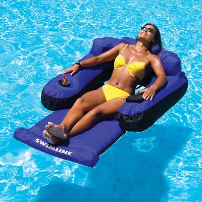 Blue Nylon Inflatable Pool Lounger with Armrests and Cup Holder
