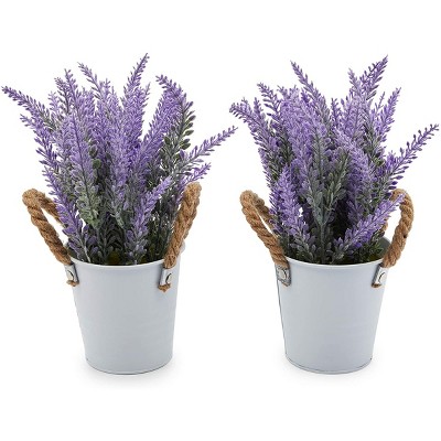 Okuna Outpost 2 Pack Artificial Potted Flowers, Fake Lavender Plants for Home Decor (9 in)