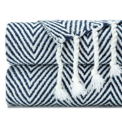 Navy and White Chevron Knitted Acrylic Throw Blanket with Tassels
