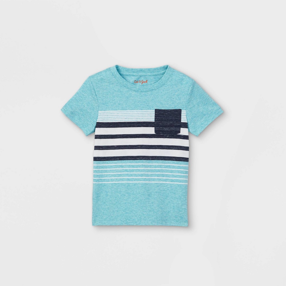 size 18M Toddler Boys' Striped Pocket Short Sleeve T-Shirt - Cat & Jack Teal , Blue