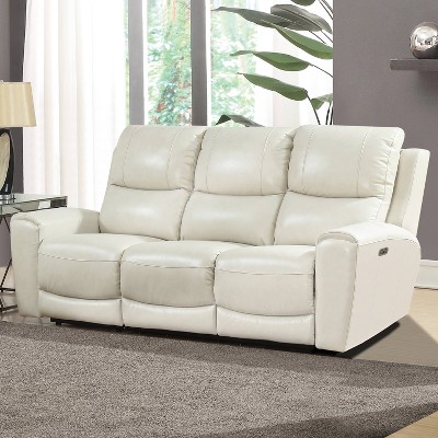 Ivory Faux Leather Reclining Sofa with Cup Holder and Wood Frame