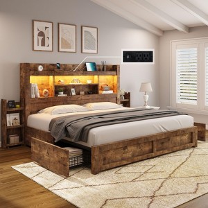 AMERLIFE Bed Frame with Drawers, LED, Bookcase Headboard, Charging, Shelves - 1 of 4