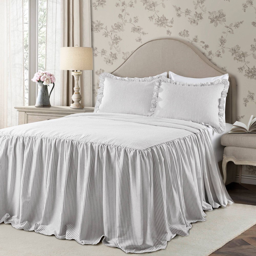 Photos - Duvet Queen 3pc Ticking Stripe Bedspread Set Gray - Lush Décor: Polyester, OEKO