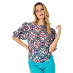 Slickblue Women's Puff Sleeve Multi-Print Top - Round Neck, Half Sleeve, Fuchsia, Polyester - Size S-L - 1 of 4