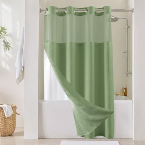 River Dream White Fabric Shower Curtain Set, Cotton Blend, Waffle Weave, with Snap in Replacement Liner，71 x 74 inches - 1 of 4