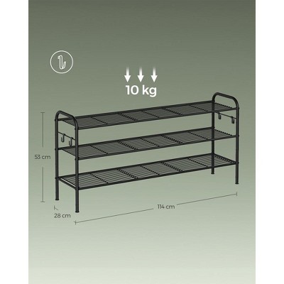 Ink Black 3-Tier Metal Shoe Rack with Side Hooks
