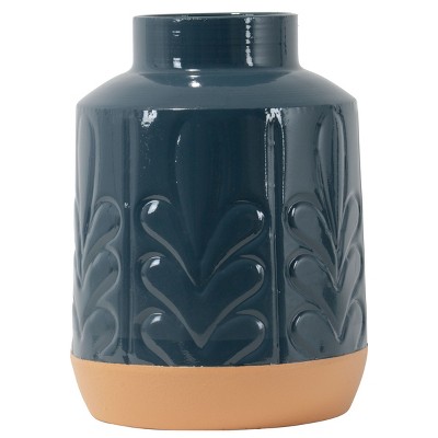 Blue Lacquered Metal Decorative Vase with Faux Terracotta Base - Foreside Home & Garden