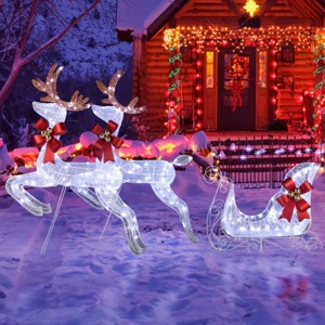 Syemin Decorative Holiday Scene Props 3-Piece 2 Reindeer Sleigh Christmas Outdoor Decorations Outdoor Holiday Indoor Decor, White, 6.3"*29"*39.4" - 1 of 4