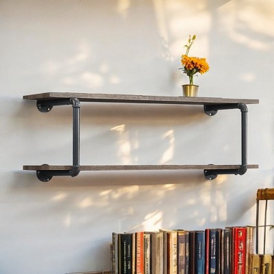 Vynxaria Antique Oak & Sandy Gray Finish Wall Rack, 2-Tier Design