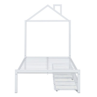 Twin-Size Metal Platform Bed with 2 Drawers & House-Shaped Headboard