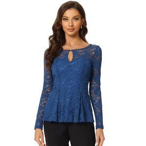 INSPIRE CHIC Women's Floral Lace Front Peplum Hem Keyhole Sheer Long Sleeve Blouse - 1 of 4
