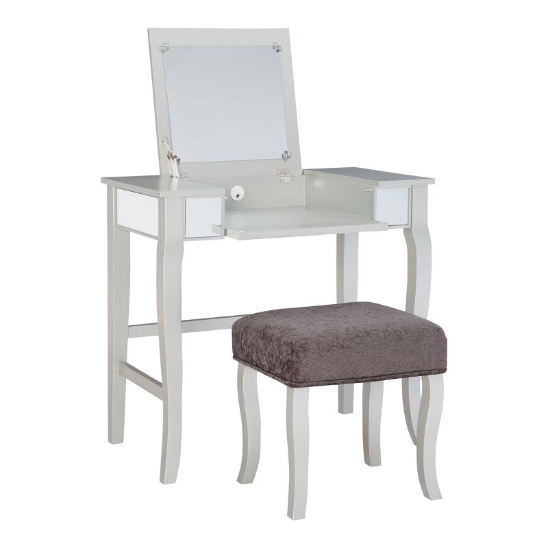Harper Glam Flip-up Mirror Wood Vanity and Gray Upholstered Stool Mirror and Silver - Linon, 4 of 17