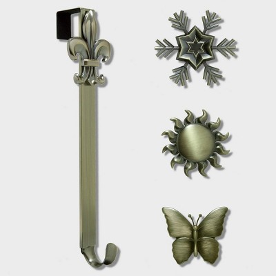 Haute Decor Christmas Adjustable Wreath Hanger with Icon Bundle Antique Brass Butterfly/Sun/Snowflake/Fleur de lis