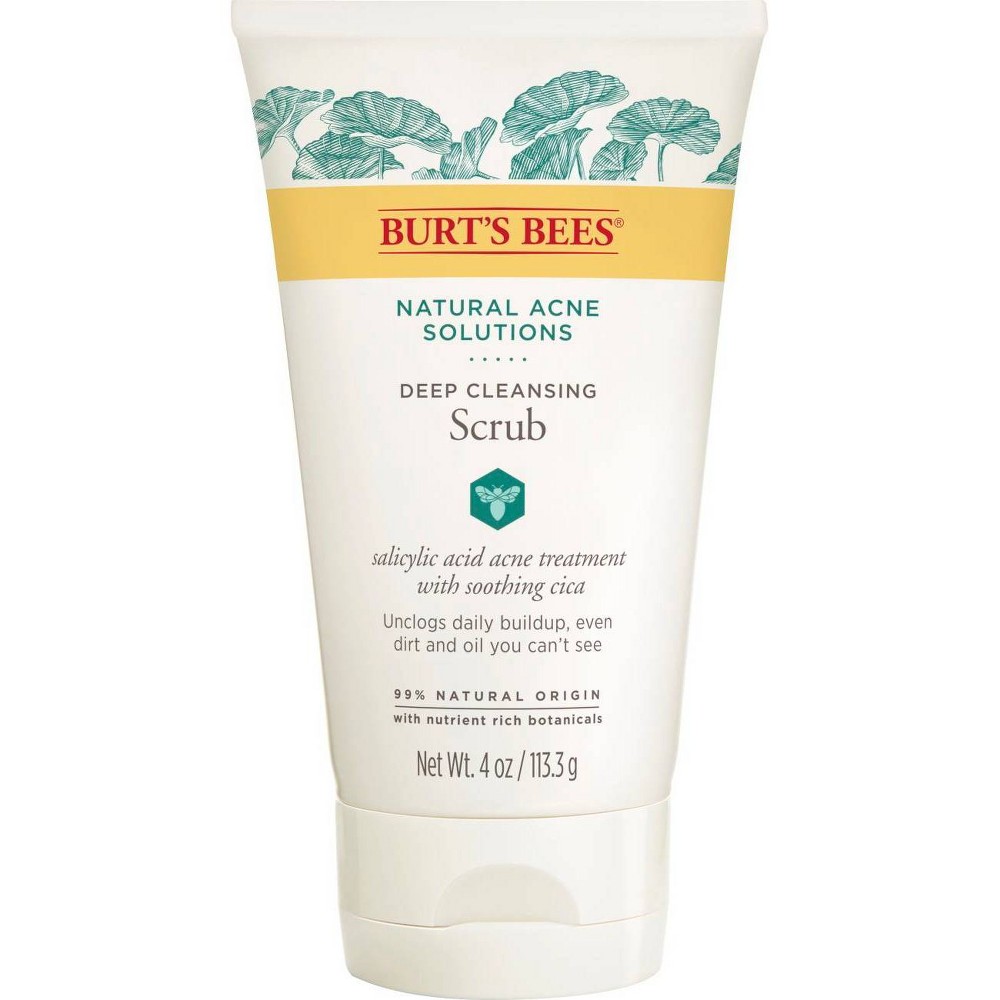 Burt's Bees Natural Acne Solutions Pore Refining Scrub - 4oz Refine the appearance of pores and prevent future breakouts with Burts Bees Natural Acne Solutions Deep Cleansing Scrub. With an improved formula featuring soothing Cica, this acne face scrub exfoliates dead skin cells while refining the appearance of pores. The 99percent natural origin formula of this deep cleansing facial scrub is designed to provide gentle exfoliation without over-drying or irritating your skin. Also, formulated with salicylic acid, derived naturally from willow bark, to penetrate clogged pores, reduce acne and help prevent future breakouts. Unclog your pores and wash away daily build-up, even dirt and oil you cant see, without over drying the skin. Formulated without parabens, phthalates, petrolatum or SLS, this acne wash helps you gently scrub your way to clear, healthy-looking skin. For best results, target acne with the entire line of Burts Bees Natural Acne Solutions. Give your skin the best nature has to offer with Burts Bees. Usage Directions: Cover entire area with a thin layer one to two times a day, massage gently and rinse thoroughly. Avoid the eye area, if contact occurs rinse thoroughly with water. Because excessive dryness may occur, start with one application daily, then increase to two if needed or as directed by a doctor. If bothersome dryness or peeling occurs, reduce application to once a day or every other day. Caution Statements: For external use only. Skin irritation and dryness is more likely to occur if you use another topical acne medication at the same time. If irritation occurs, only one medication should be used unless directed by a doctor. Keep out of reach of children. If swallowed, get medical help or contact a Poison Control Center right away.