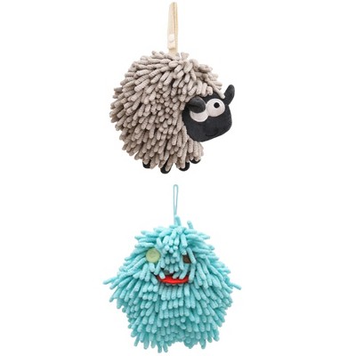 REGALWOVEN 2 Packs Cute Sheep Shape Absorbent Fast Drying Chenille Hand Towels with Hanging Loop 7" x 7"