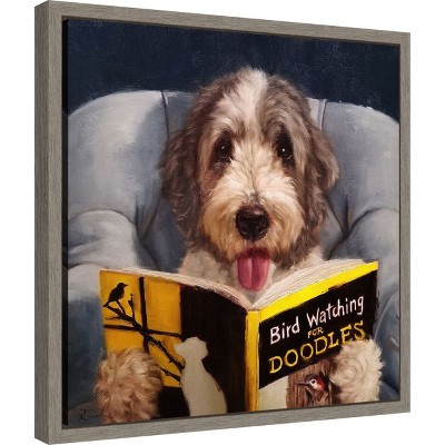 Dog Reading Bird Watching Book Framed Canvas Print