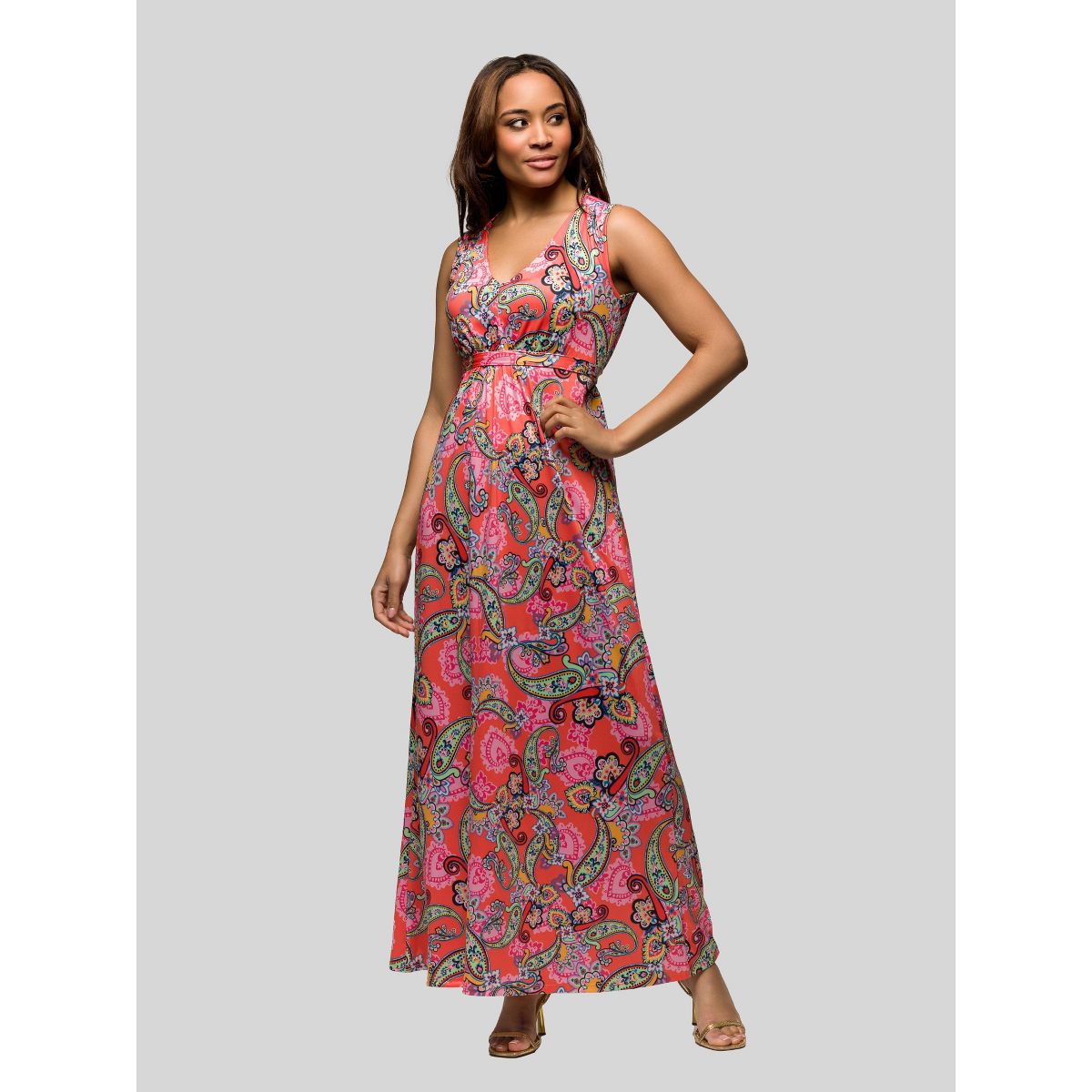 24seven Comfort Apparel Womens Pink Paisley Print V Neck Empire Waist Sleeveless Maxi Dress - thumbnail 2