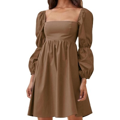 EXLURA Womens Square Neck Dress Long Puff Sleeve A-Line Casual Short Mini Dresses