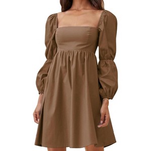EXLURA Womens Square Neck Dress Long Puff Sleeve A-Line Casual Short Mini Dresses - 1 of 4