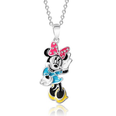 Disney Classic Womens Minnie Mouse Silver Plated Pendant Necklace with Crystal Bow