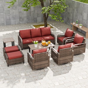 EAGLE PEAK Wicker Outdoor Patio Conversation Set, 4 Swivel Rocker Chairs, 3-Seat Loveseat, 2 Ottomans, Table, 9 Pieces - 1 of 4