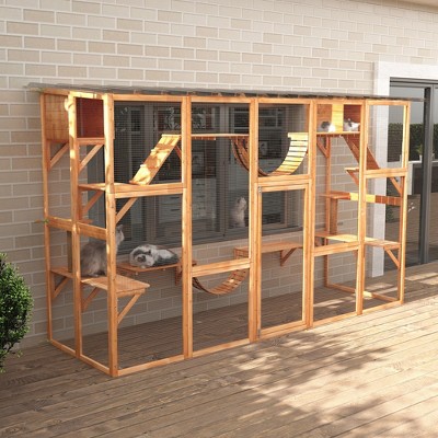Large Wooden Outdoor Cat Enclosure with Shelves and Bridges