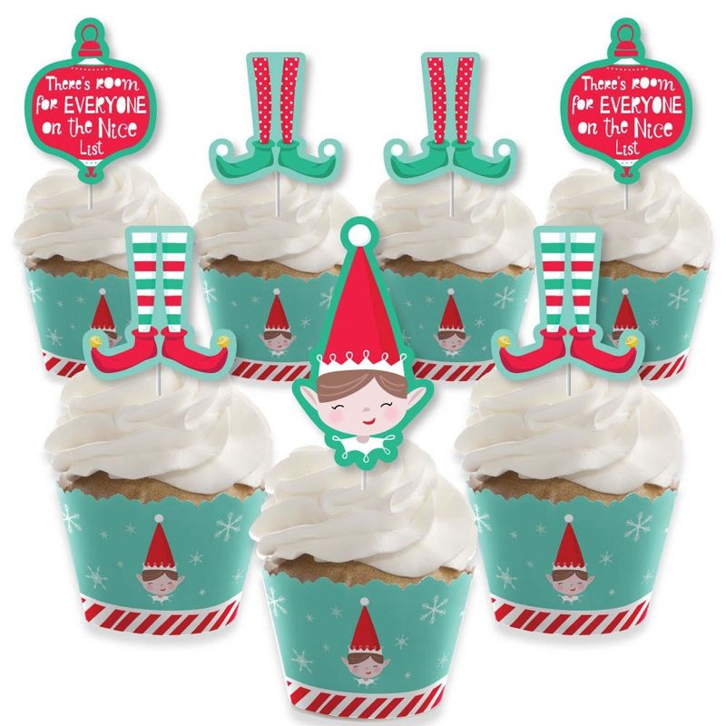 Big Dot of Happiness Elf Squad - Cupcake Decoration - Kids Elf Christmas and Birthday Party Cupcake Wrappers and Treat Picks Kit - Set of 24, 1 of 8