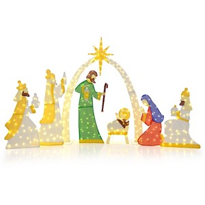 Tangkula 7 Pieces Large Christmas Lighted Nativity Scene Set 6 FT Pre-Lit Xmas Arch Holy Family w/ 310 Warm White LED Lights Jesus Birth Manger Scene - 1 of 4