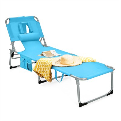 Tangkula Beach Lounge Chair Reclining Chair with 5 Adjustable Positions Detachable Pillow &Hand Ropes Blue/Black/Gray/Turquoise/Beige/Pink