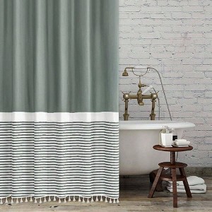 Modern Farmhouse Shower Curtain 72x72 Inch White Striped with Tassels, Waterproof Fabric for Bathroom - 1 of 4