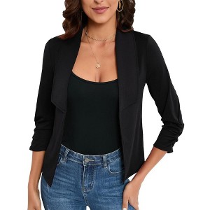 Whizmax Women's 3/4 Sleeve Blazer Casual Open Front Cardigan Shrugs Ruched Sleeve Office Cropped Blazer Jacket - 1 of 4