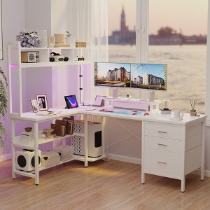 Besiost 60"L Shaped Computer Desk with Hutch, Power Outlets, LED Lights & Storage Drawers - 1 of 2