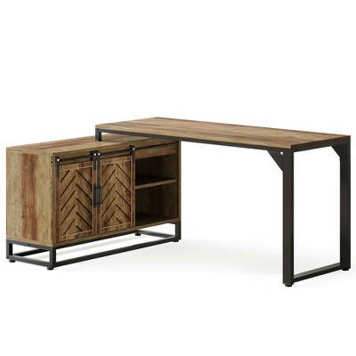 Resenkos Computer Desk, Office Desk, Study Desk,L-Shaped Executive Desk, 53" Farmhouse Computer Desk Corner Desk with Cabinet,Brown
