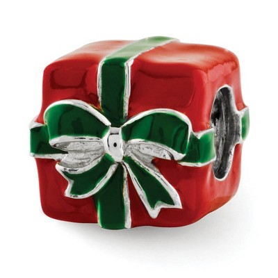 Black Bow Jewelry Sterling Silver, Green and Red Enameled Present Bead Charm