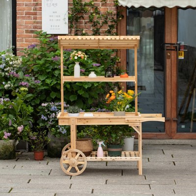 Antique Solid Wood Two-Tier Plant Display Cart with Wheels