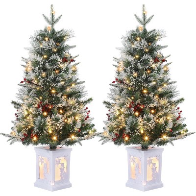 Artificial Christmas Tree Tabletop, Flocked Potted Christmas Tree with Berry Clusters, Battery Operated, for Front Door, Porch