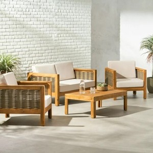 4-Piece Outdoor Patio Furniture Set, Acacia Wood Conversation Set with Wicker Accent Chairs, Loveseat, and Coffee Table, Beige - Merax - 1 of 4