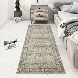 2'x6'Vintage Floral Washable Rug Non-Slip, Retro Low Pile Throw Rug for Living Room Bedroom Dining Room, Soft Foldable Carpet,Camel - 1 of 4